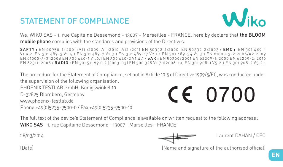 Statement of compliance | Wiko BLOOM User Manual | Page 27 / 236