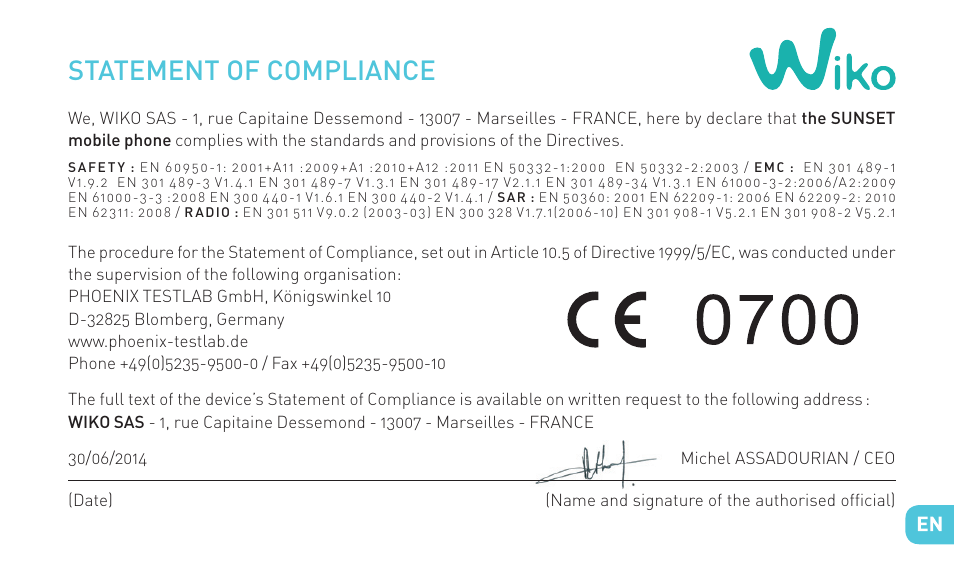 Statement of compliance | Wiko SUNSET User Manual | Page 27 / 235