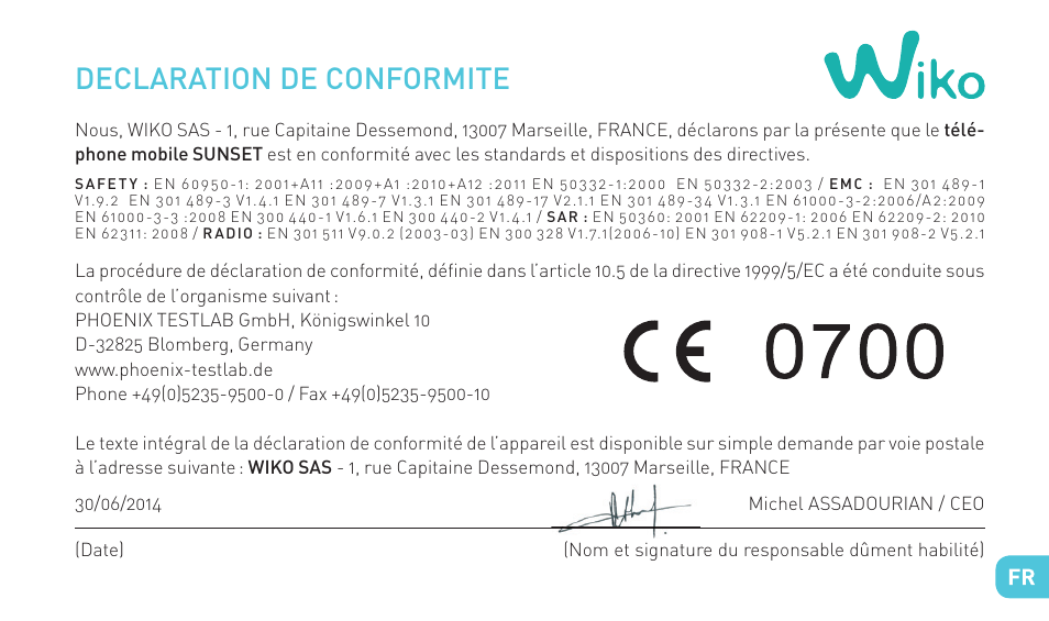 Declaration de conformite | Wiko SUNSET User Manual | Page 53 / 235