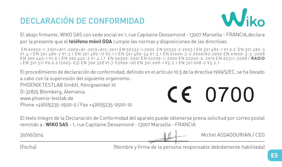 Declaración de conformidad | Wiko GOA User Manual | Page 105 / 235