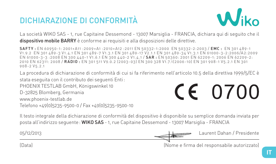 Dichiarazione di conformità | Wiko BARRY User Manual | Page 73 / 194