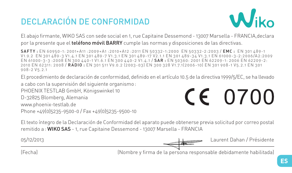 Declaración de conformidad | Wiko BARRY User Manual | Page 97 / 194