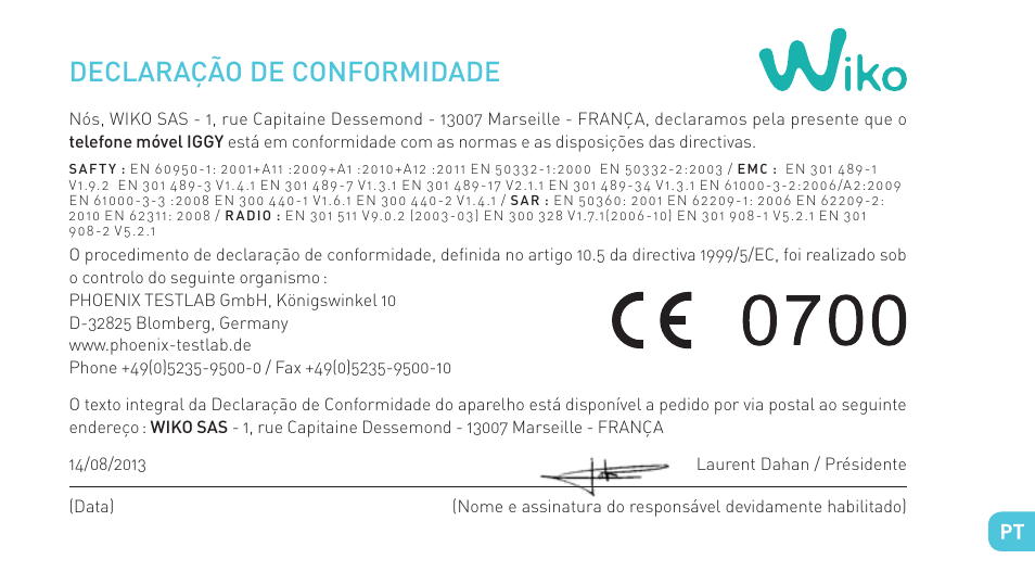 Declaração de conformidade | Wiko IGGY User Manual | Page 121 / 194
