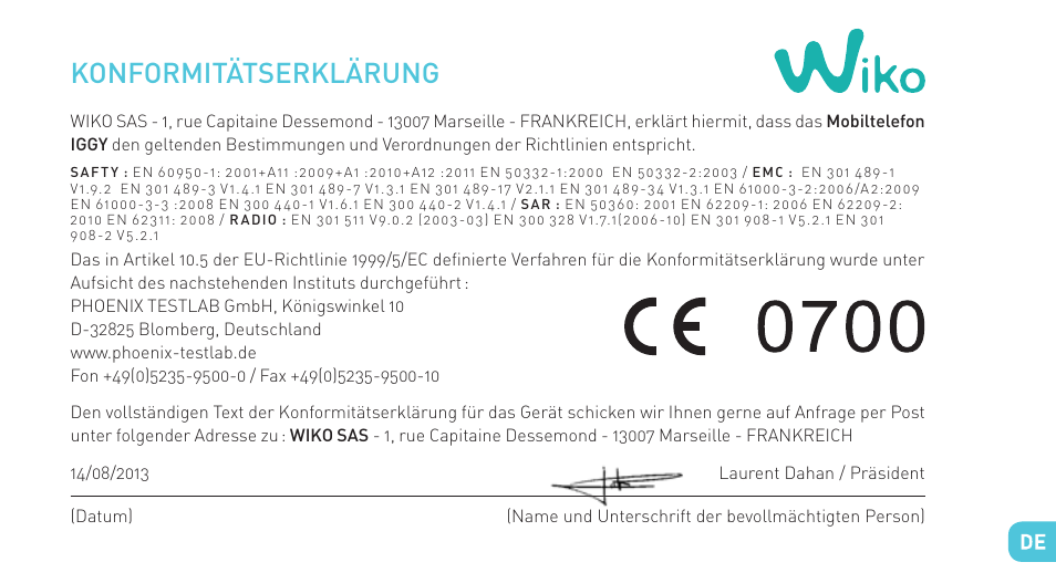 Konformitätserklärung | Wiko IGGY User Manual | Page 145 / 194