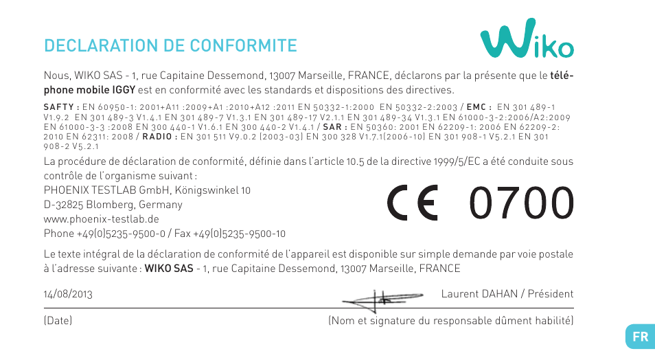 Declaration de conformite | Wiko IGGY User Manual | Page 25 / 194