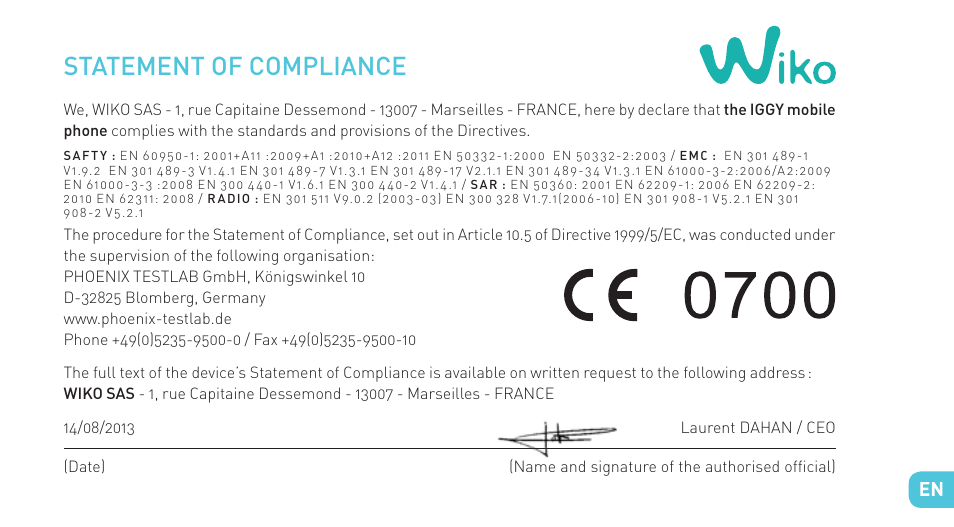 Statement of compliance | Wiko IGGY User Manual | Page 49 / 194