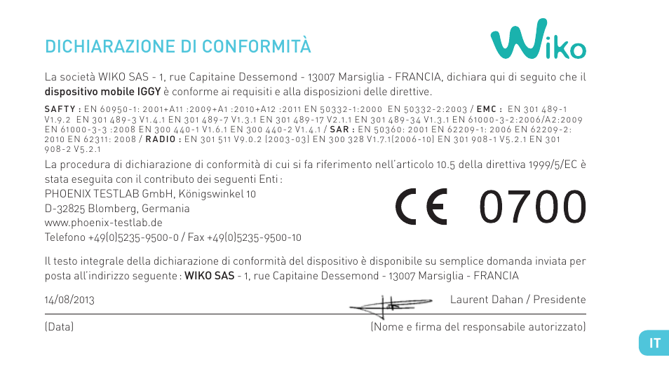 Dichiarazione di conformità | Wiko IGGY User Manual | Page 73 / 194