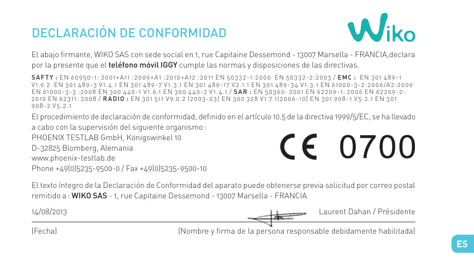 Declaración de conformidad | Wiko IGGY User Manual | Page 97 / 194