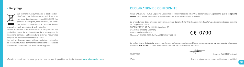 Declaration de conformite | Wiko OZZY User Manual | Page 13 / 98