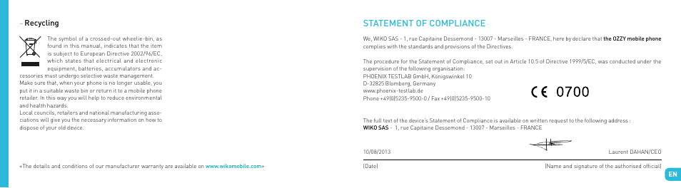 Statement of compliance | Wiko OZZY User Manual | Page 25 / 98