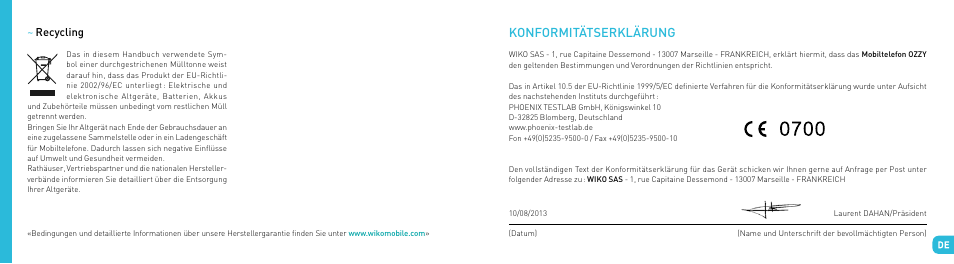 Konformitätserklärung | Wiko OZZY User Manual | Page 73 / 98