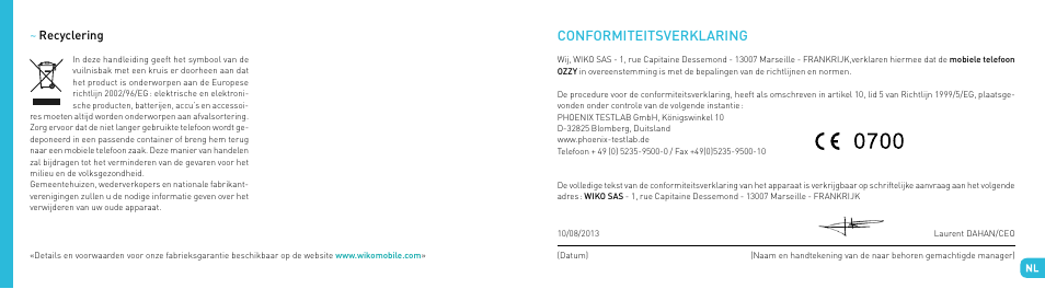 Conformiteitsverklaring | Wiko OZZY User Manual | Page 85 / 98