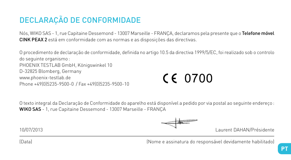Declaração de conformidade | Wiko CINK PEAX 2 User Manual | Page 121 / 194