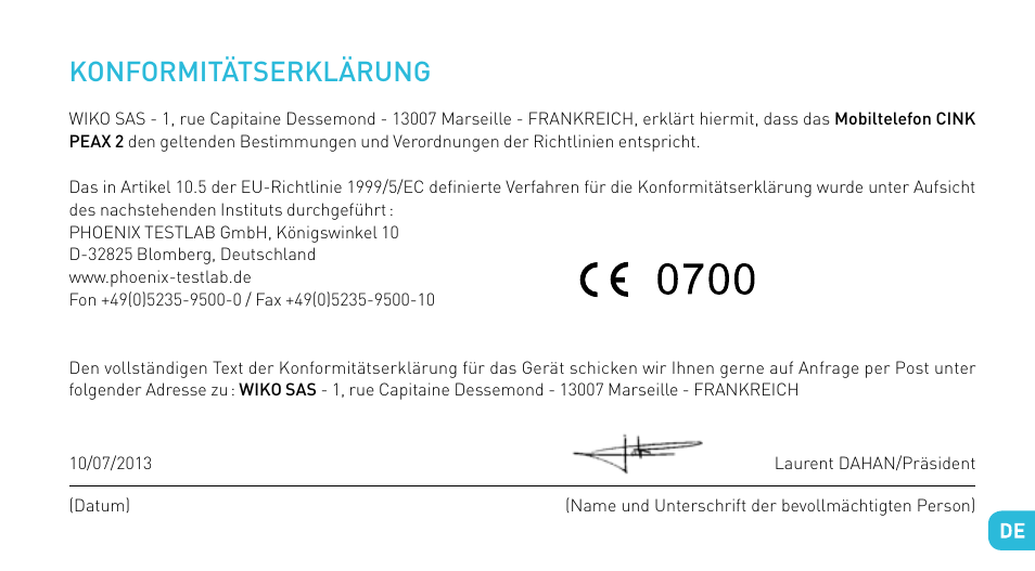 Konformitätserklärung | Wiko CINK PEAX 2 User Manual | Page 145 / 194