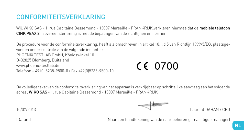 Conformiteitsverklaring | Wiko CINK PEAX 2 User Manual | Page 169 / 194