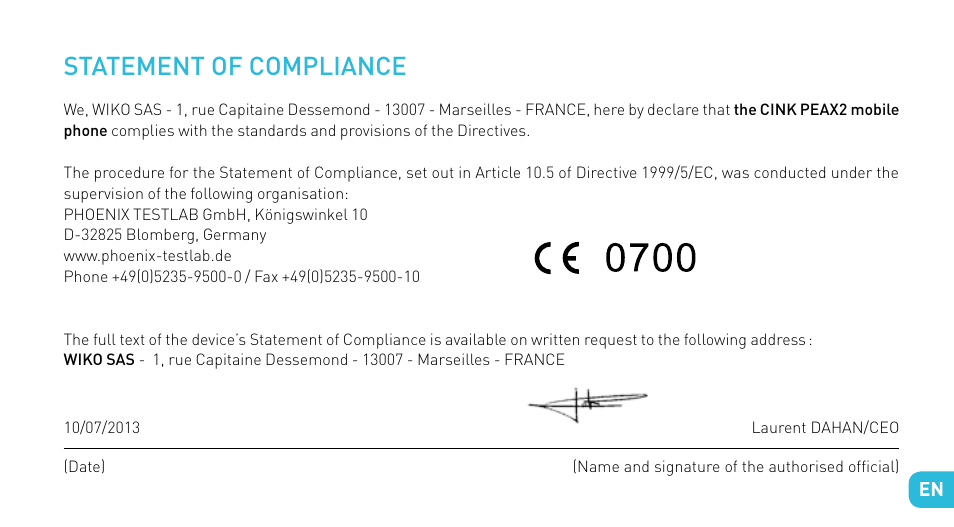Statement of compliance | Wiko CINK PEAX 2 User Manual | Page 49 / 194