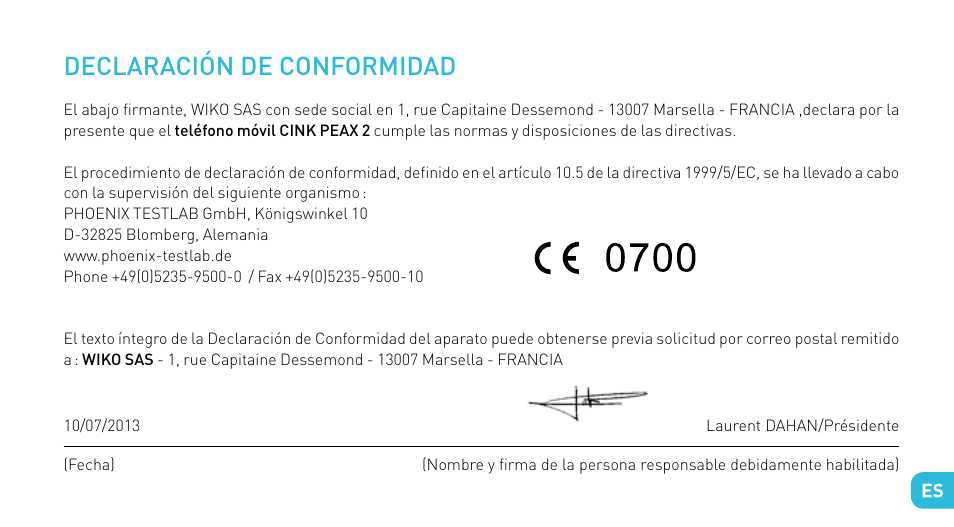Declaración de conformidad | Wiko CINK PEAX 2 User Manual | Page 97 / 194