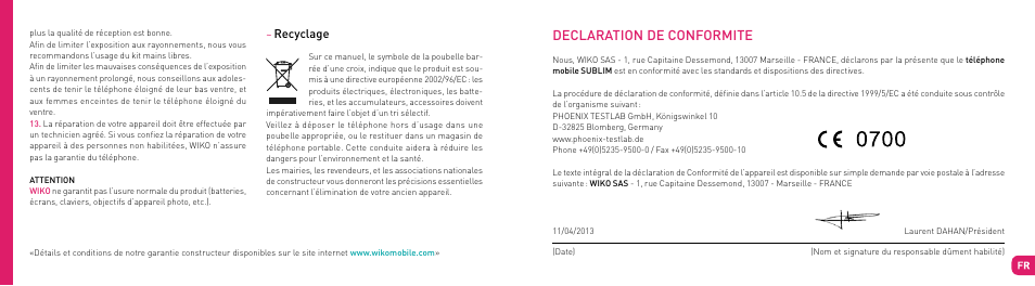 Declaration de conformite | Wiko SUBLIM User Manual | Page 12 / 90