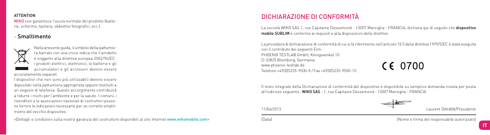 Dichiarazione di conformità | Wiko SUBLIM User Manual | Page 34 / 90