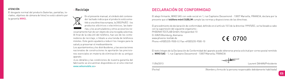 Declaración de conformidad | Wiko SUBLIM User Manual | Page 45 / 90