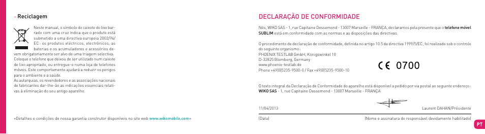Declaração de conformidade | Wiko SUBLIM User Manual | Page 56 / 90