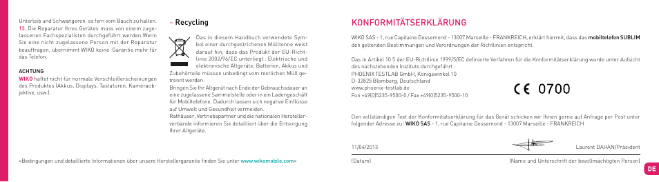 Konformitätserklärung | Wiko SUBLIM User Manual | Page 67 / 90
