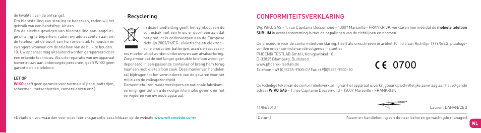 Conformiteitsverklaring | Wiko SUBLIM User Manual | Page 78 / 90