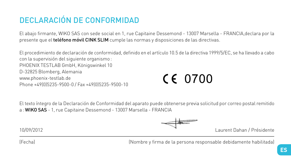 Declaración de conformidad | Wiko CINK SLIM User Manual | Page 105 / 210