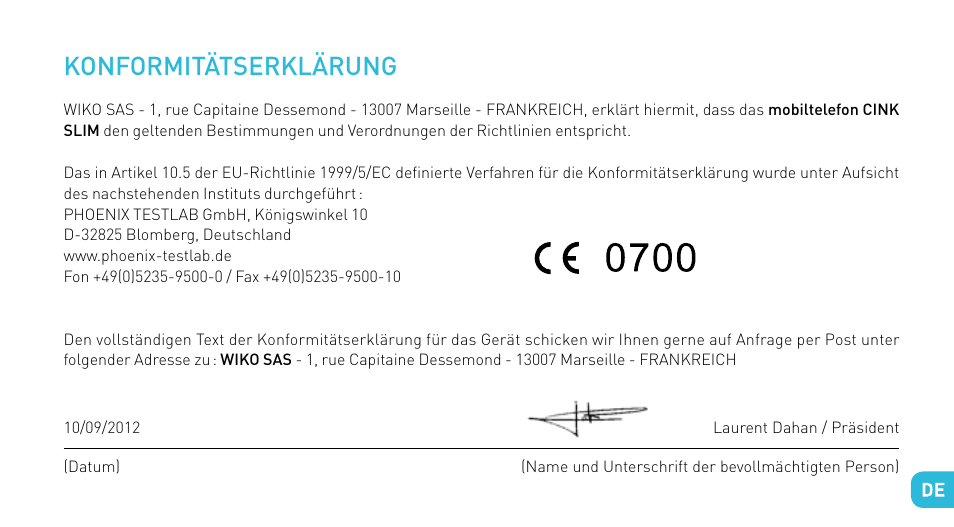 Konformitätserklärung | Wiko CINK SLIM User Manual | Page 157 / 210