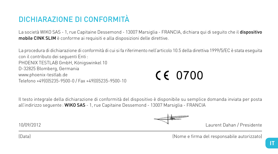 Dichiarazione di conformità | Wiko CINK SLIM User Manual | Page 79 / 210