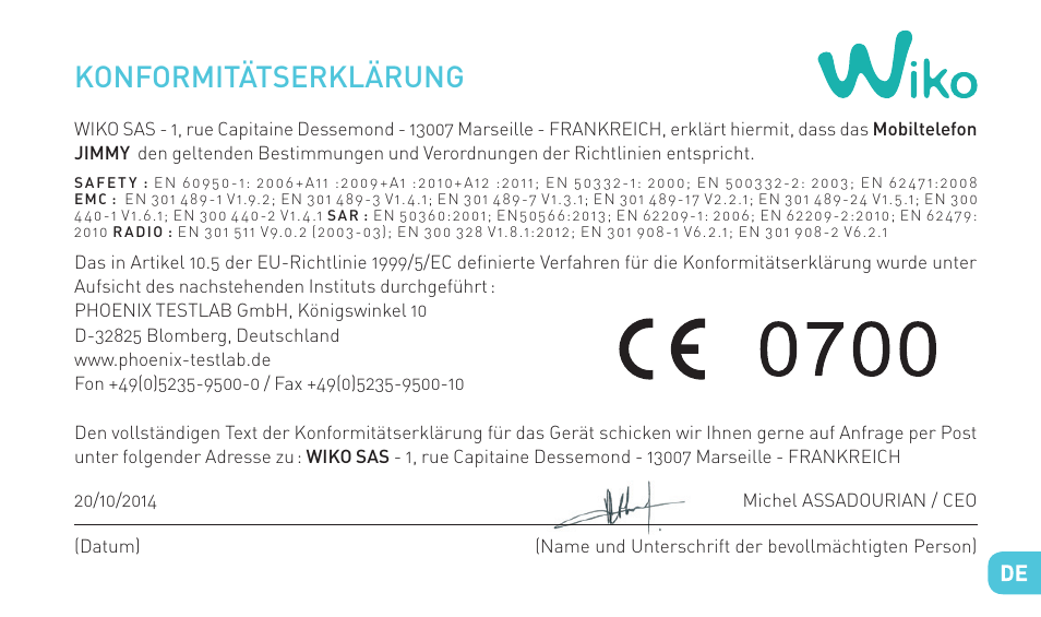 Konformitätserklärung | Wiko JIMMY User Manual | Page 157 / 236