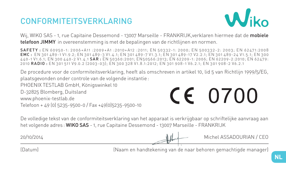 Conformiteitsverklaring | Wiko JIMMY User Manual | Page 183 / 236