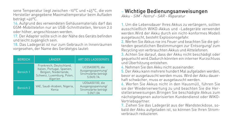 Wichtige bedienungsanweisungen | Wiko RIFF User Manual | Page 104 / 164