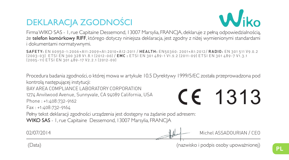 Deklaracja zgodności | Wiko RIFF User Manual | Page 161 / 164
