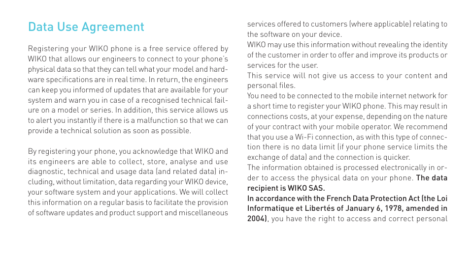 Data use agreement | Wiko KAR 3 User Manual | Page 15 / 162