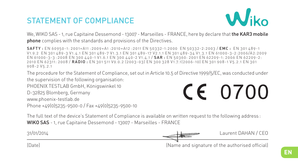 Statement of compliance | Wiko KAR 3 User Manual | Page 18 / 162