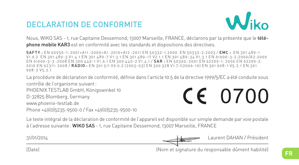 Declaration de conformite | Wiko KAR 3 User Manual | Page 36 / 162