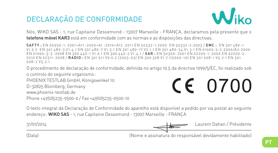 Declaração de conformidade | Wiko KAR 3 User Manual | Page 90 / 162