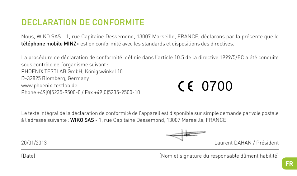 Declaration de conformite | Wiko MINZ+ User Manual | Page 19 / 148