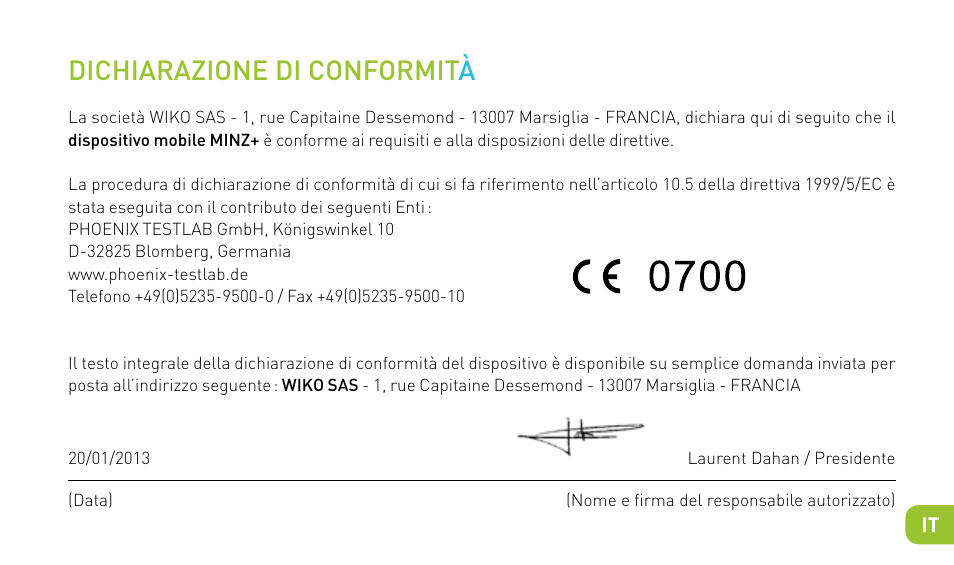 Dichiarazione di conformit à | Wiko MINZ+ User Manual | Page 55 / 148