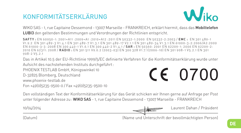 Konformitätserklärung | Wiko LUBI 3 User Manual | Page 108 / 162