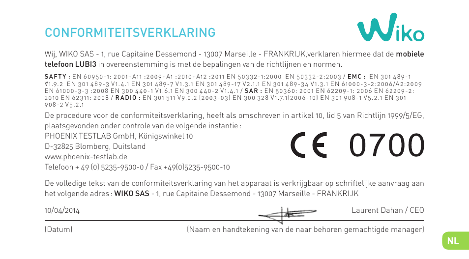 Conformiteitsverklaring | Wiko LUBI 3 User Manual | Page 126 / 162