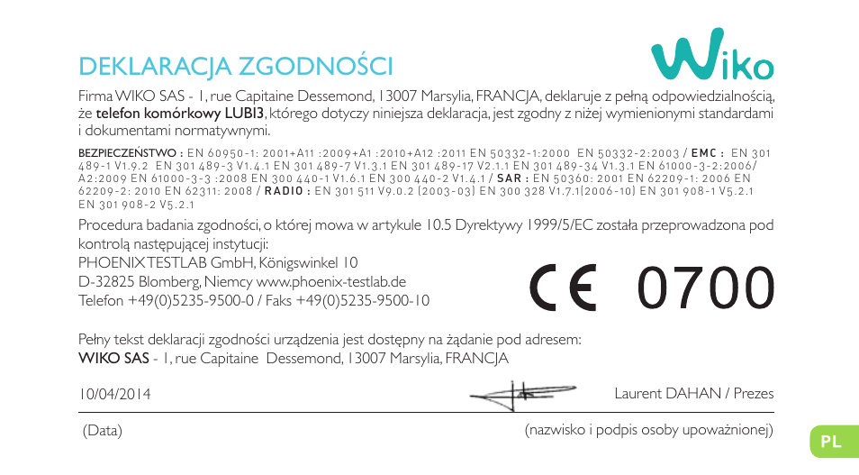 Deklaracja zgodności | Wiko LUBI 3 User Manual | Page 160 / 162