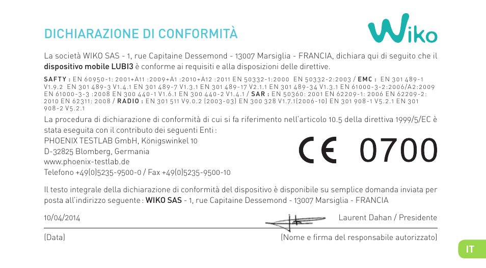 Dichiarazione di conformità | Wiko LUBI 3 User Manual | Page 54 / 162