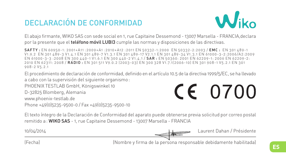 Declaración de conformidad | Wiko LUBI 3 User Manual | Page 72 / 162