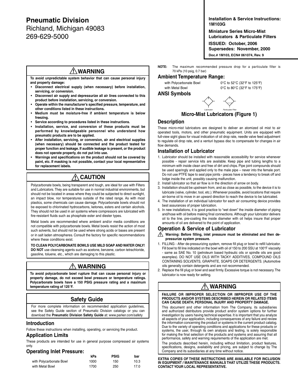 Wilkerson 1M103G User Manual | 2 pages