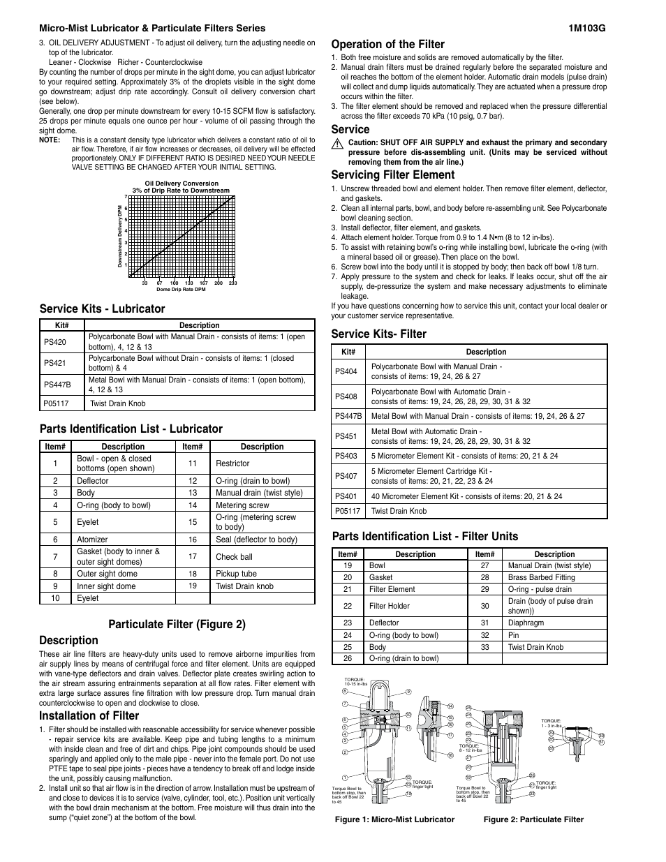 Particulate filter (figure 2) description, Installation of filter, Service kits - lubricator | Parts identification list - lubricator, Service kits- filter, Operation of the filter, Service, Servicing filter element, Parts identification list - filter units | Wilkerson 1M103G User Manual | Page 2 / 2