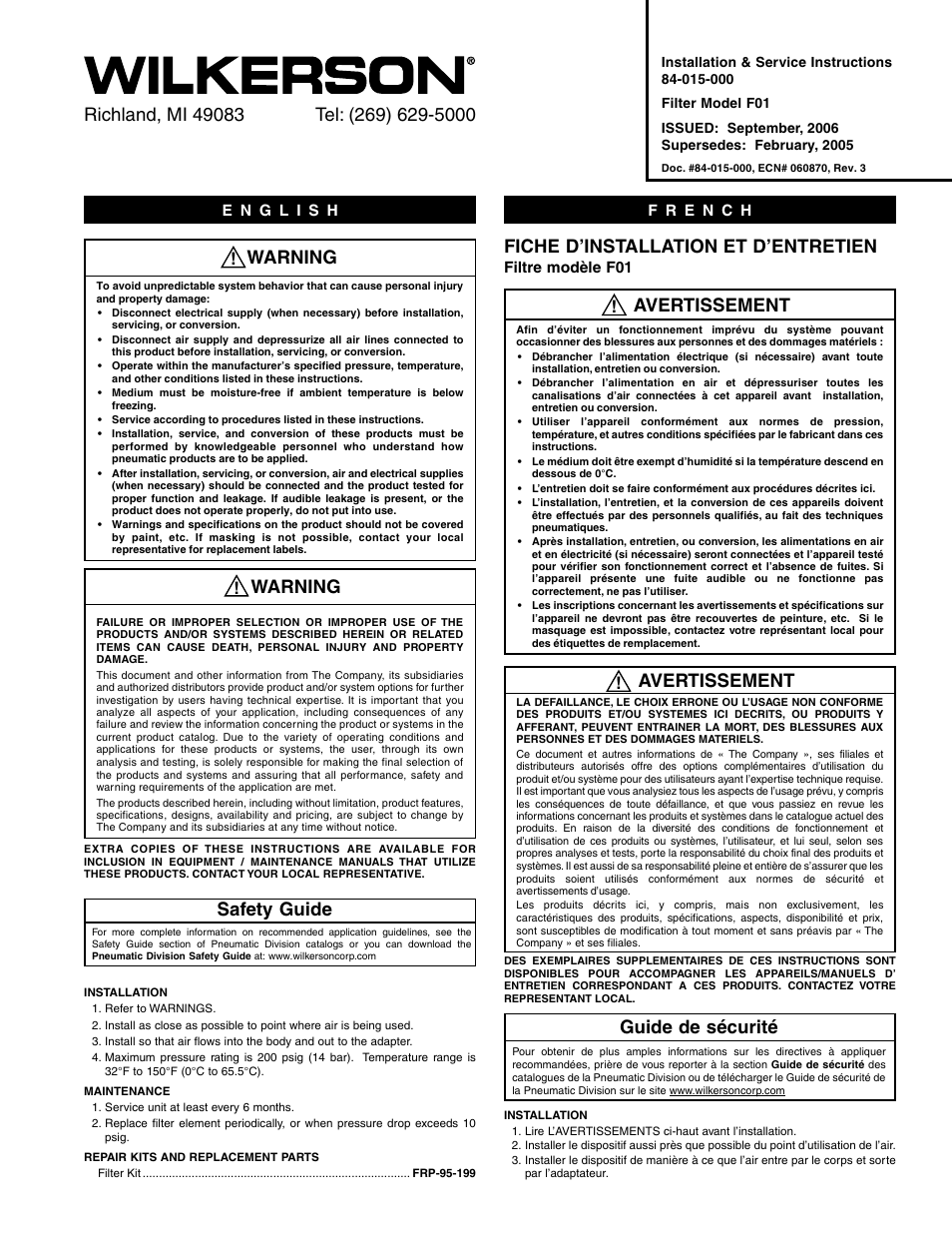 Wilkerson F01-02-000 User Manual | 2 pages