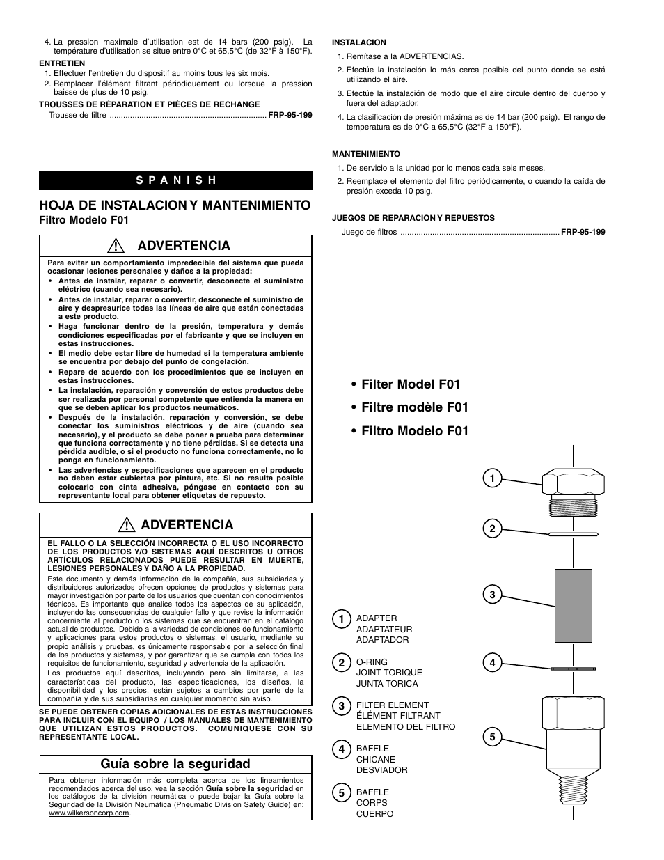Hoja de instalacion y mantenimiento, Advertencia, Guía sobre la seguridad | Wilkerson F01-02-000 User Manual | Page 2 / 2