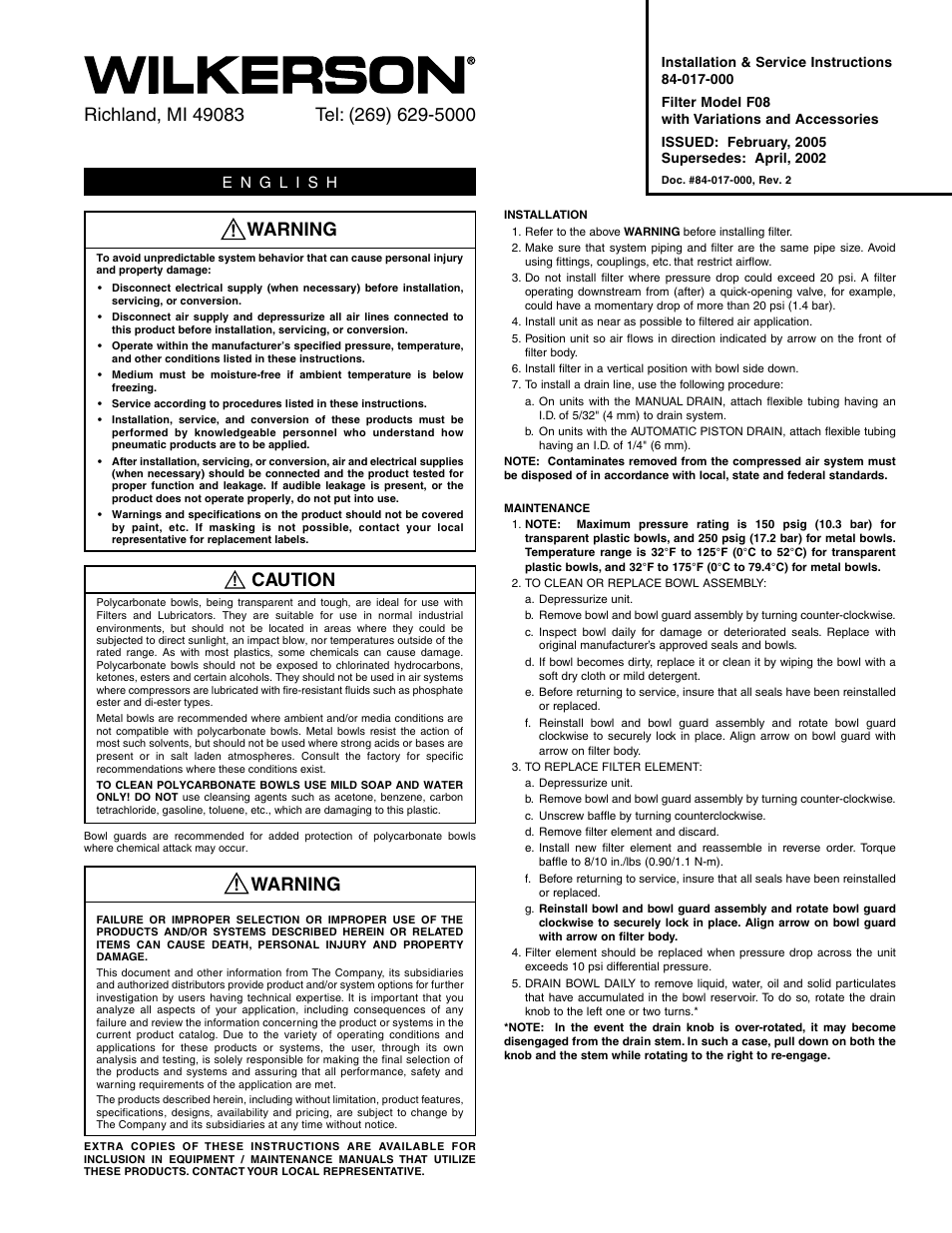 Wilkerson F08 User Manual | 6 pages